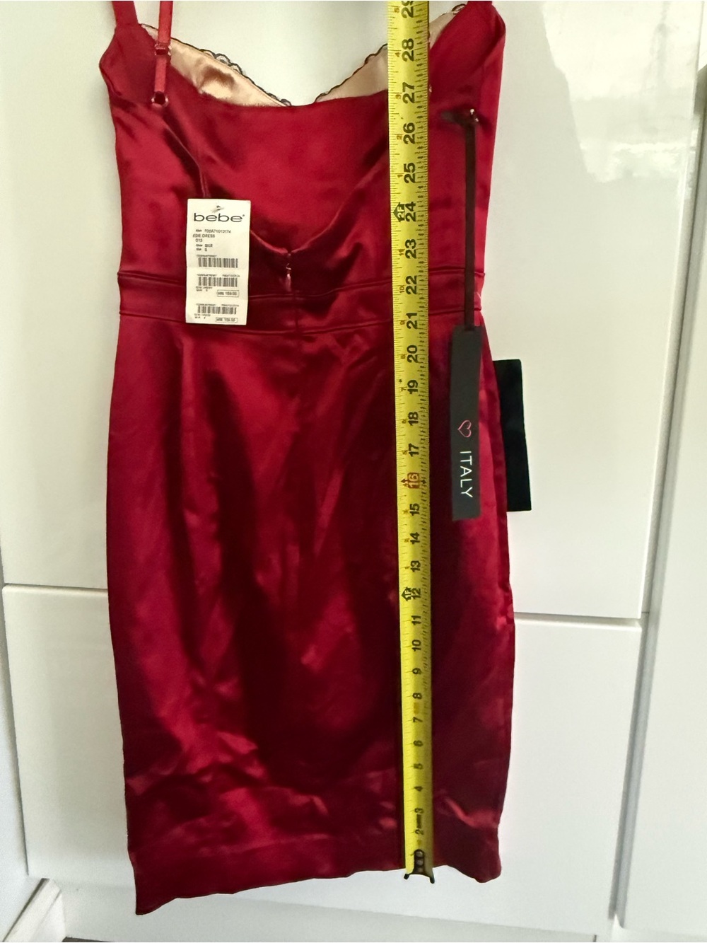 bebe Red Satin Lace-Trim Midi Dress with Strappy Neckline - Picture 3 of 5